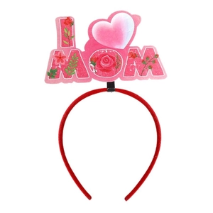 Pink heart-shaped Mother's Day headband with I Love MOM text and floral patterns