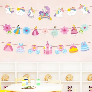 Bannière en Papier Dessin Animé Guirlande pour Décoration de Fête d'Anniversaire Enfants Thème Animaux Château Princesse