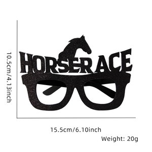 Detail view of 15.5x10.5cm black glitter horse race party glasses with dimensions and weight