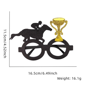 Close-up of Kentucky Derby felt glasses with horse racer and trophy detail, 16.5x11.5cm