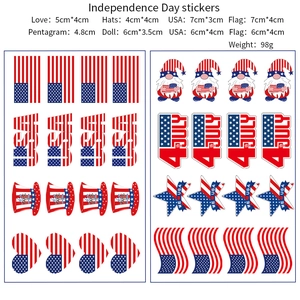 Detailed view of Fourth of July stickers featuring US flag, USA letters and gnome designs
