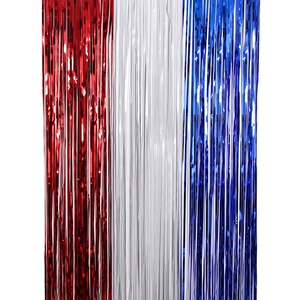 Red white and blue metallic foil fringe curtain for Independence Day party backdrop