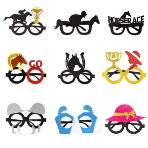 Nine-piece set of glittery horse racing theme party glasses for Kentucky Derby photo props