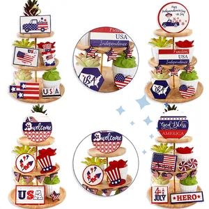 Décoration de Plateau à Étages en Bois pour le Jour de l'Indépendance des États-Unis Nain Patriotique Camion Étoiles Rayures Maison