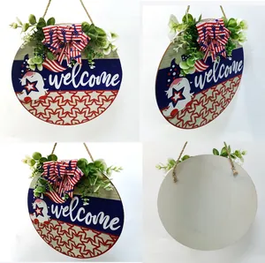 Quad-view of July 4th gnome door hanger showing front detail and wooden back with twine