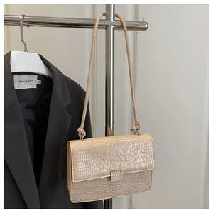 Detailed view of crocodile pattern texture and silver buckle on beige shoulder bag