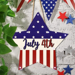 Lighted July 4th star hanging wood plaque with LED stars and stripes flag pattern