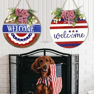 Patriotic July 4th wooden welcome door signs with stars, stripes and festive bows