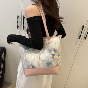 Summer fashion large capacity tote bag with pink leather and floral plush patchwork