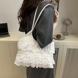 Borsa tote in pizzo bianco a strati con volant per donna, stile estivo elegante