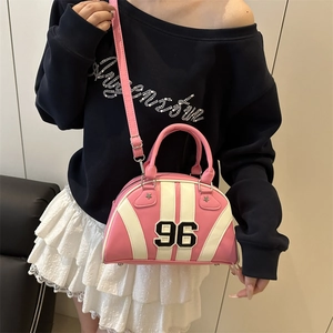 Pink Boston handbag with white stripes and black number 96 print for women
