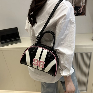 Retro black leather shell bag with pink trim and 96 embroidery for 2025 summer fashion
