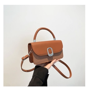 Detail of brown woven leather crossbody bag featuring silver oval buckle and top handle