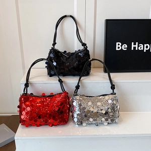 Women Fashion Sequin Underarm Bag Niche Design PU Leather Glitter Party Evening Shoulder Handbag Y2K Minimalist Pillow Bag