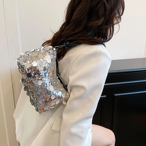 Silver sequin shoulder bag for women with glossy metallic finish and black strap