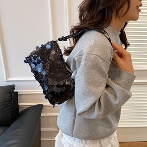 Chic black sequin underarm shoulder bag with large reflective scales for women
