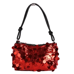 Minimalist red sequin pillow bag for women featuring a black knotted shoulder strap