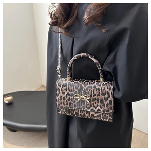 Detail of leopard print crossbody bag with gold bow clasp and matching handle
