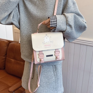 Minimalist creamy white and pink leather satchel bag with cute cartoon bear and top handle