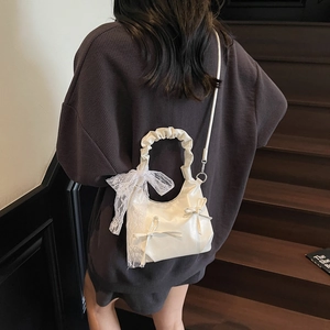 Chic cream white pleated hobo bag with lace bows and detachable strap for women