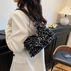Fashionable black sequin shoulder bag for women with leather knotted strap in casual style