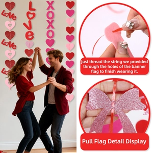 Detail of red and pink heart felt banner with XOXO letters and DIY assembly process