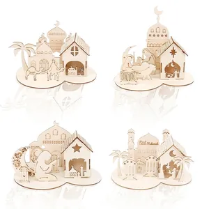 Eid Mubarak Ornement en Bois DIY Découpe Laser 3D Mosquée Ramadan Kareem Décoration de Bureau Artisanat Islamique Puzzle