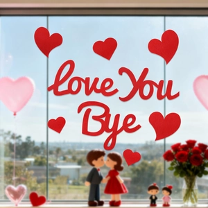 Détail d'autocollants cœurs rouges de Saint-Valentin et lettrage d'amour sur une fenêtre