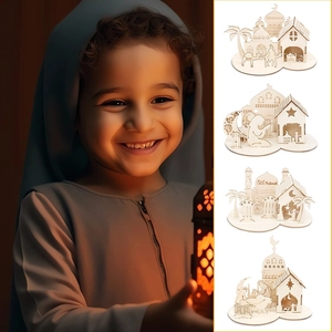Décorations de table 3D en bois pour l'Aïd avec motifs de mosquée et de lune découpés au laser