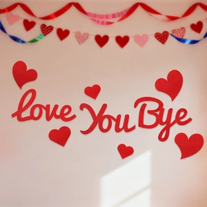 Décoration murale en feutre rouge avec texte 'love You Bye' et motifs en cœur