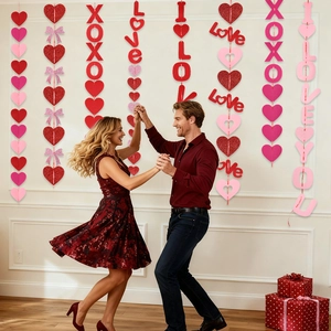 Romantic scene of Valentine party banners with red hearts and LOVE letters in home decor