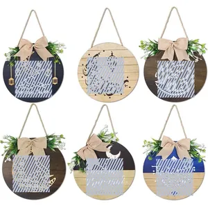 6-pack Eid Mubarak round wooden door signs with moon, stars, greenery and burlap bows