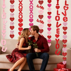 Vertical Valentine's Day heart banners with pink bows and I Love You glitter lettering