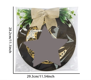 Detail of wooden moon plaque with burlap bow and green foliage measurements shown