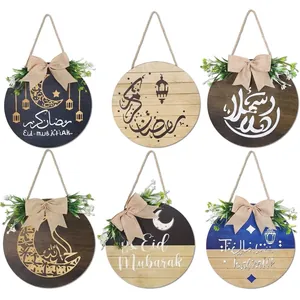 Wood Eid Mubarak Ramadan Hanging Sign Round Moon Star Lantern Door Plaque With Burlap Bow Artificial Greenery Home Decor