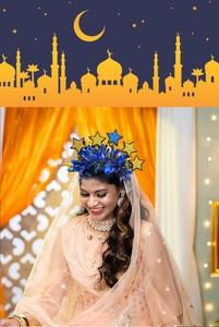 Detail of blue tinsel headband with gold and blue glitter stars for Eid festival party