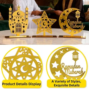 Golden mirror Ramadan Mubarak ornaments featuring mosque moon and star for Middle East party