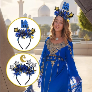 Detail of Eid Moon and Star headbands with tinsel and mosque silhouettes on a model
