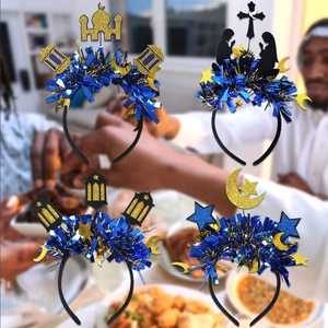 Detail of four festive headbands featuring gold glitter moon, star, and mosque designs