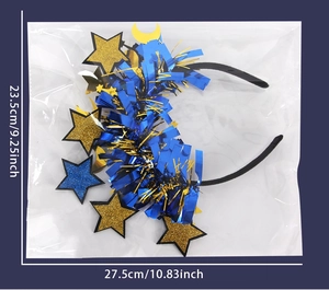 Detailed dimensions of star and moon festive headband with blue fringe and glitter decor