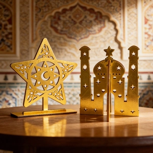 Golden moon star and mosque silhouette wooden ornaments for Middle Eastern party decor