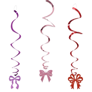 Three-piece glitter bow spiral hanging swirls in purple pink and red for Mother's Day party