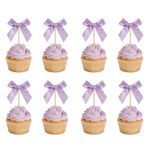 Otto topper per torta a fiocco in raso viola su bastoncini di legno per decorazione dolci