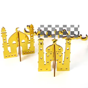 Macro detail of golden acrylic Ramadan castle and crescent moon desktop ornaments