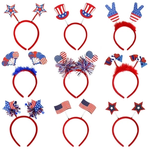 Detail showing 9 styles of USA flag headbands with patriotic stars, stripes and sequins