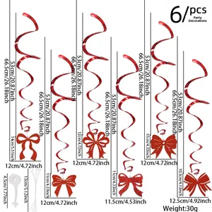Detailed view of red glitter bow party swirls with size dimensions and hook attachments