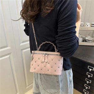 Pink quilted leather box bag with rhinestones, metal chain strap and circular handle