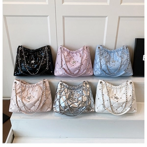 Quilted chain bags shown in black, pink, blue, apricot, silver, and white color options