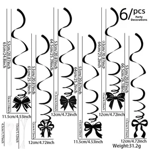 Set of 6 black swirl party decorations with glitter bow accents and hanging hooks