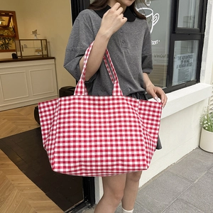 Japanese Harajuku style red and white gingham tote bag with spacious shoulder straps